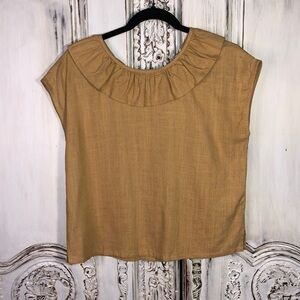 mo: vint Linen Blend Fall Mustard Color Sleeve Ruffle Neck Pop Over Top XS